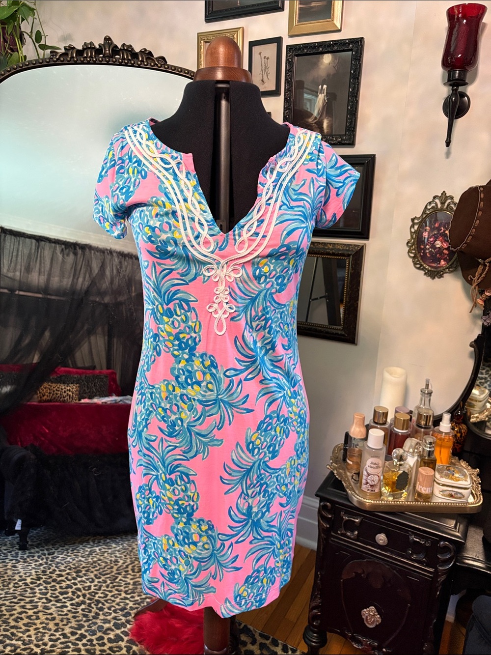 Lilly Pulitzer Pink Pineapple Print Midi Dress with Blue & Yellow Accents